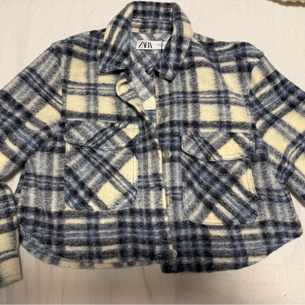 Zara Navy and Cream Checkered cropped Jacket